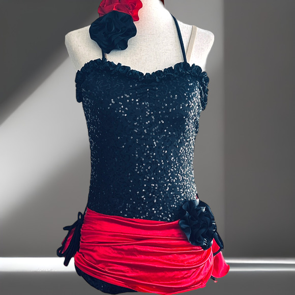 Women's Red & Black One-Piece Sequin Sexy Dance Halloween Costume Size Medium - Picture 6 of 9